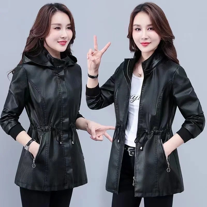 Jaket wanita kulit PU hitam jaket kulit imitasi 2023 ritsleting baru mantel dasar kerah lipat bertudung jaket pengendara Motor pakaian luar