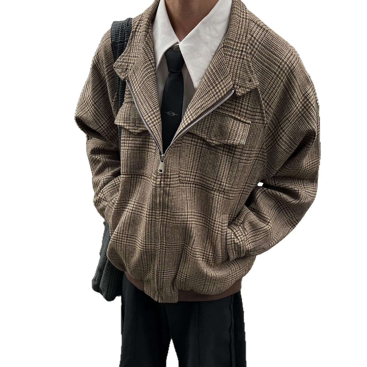 Men's Fashion Plaid Lapel Loose Retro Trendy Versatile Slim Fit Commute Comfortable Casual Zipper Style Daily Wear Advanced Coat