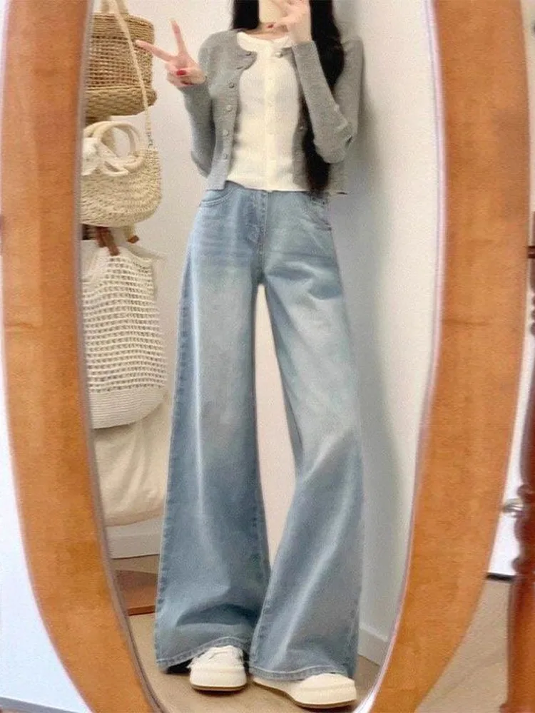 

High Waist Wide Leg Flared Jeans Women's Spring Summer Autumn Retro Light Blue A-Line Denim Pants Comfortable Casual Trousers