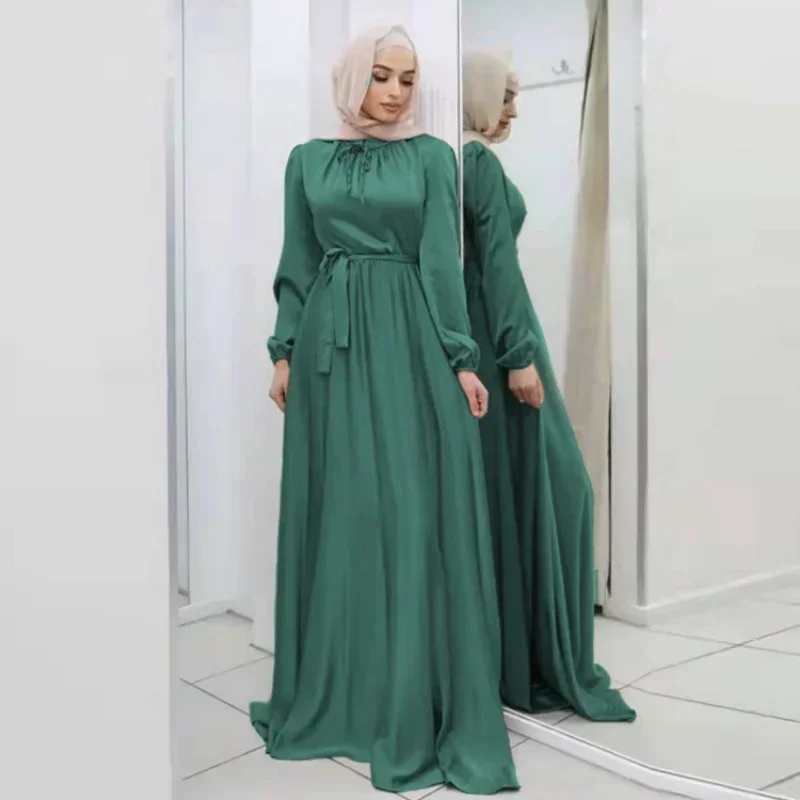 Hijab Satin Dress Ramadan Muslim Fashion Belted Abaya Dubai Turkey Arabic African Maxi Dresses for Women Islam Clothing Robes