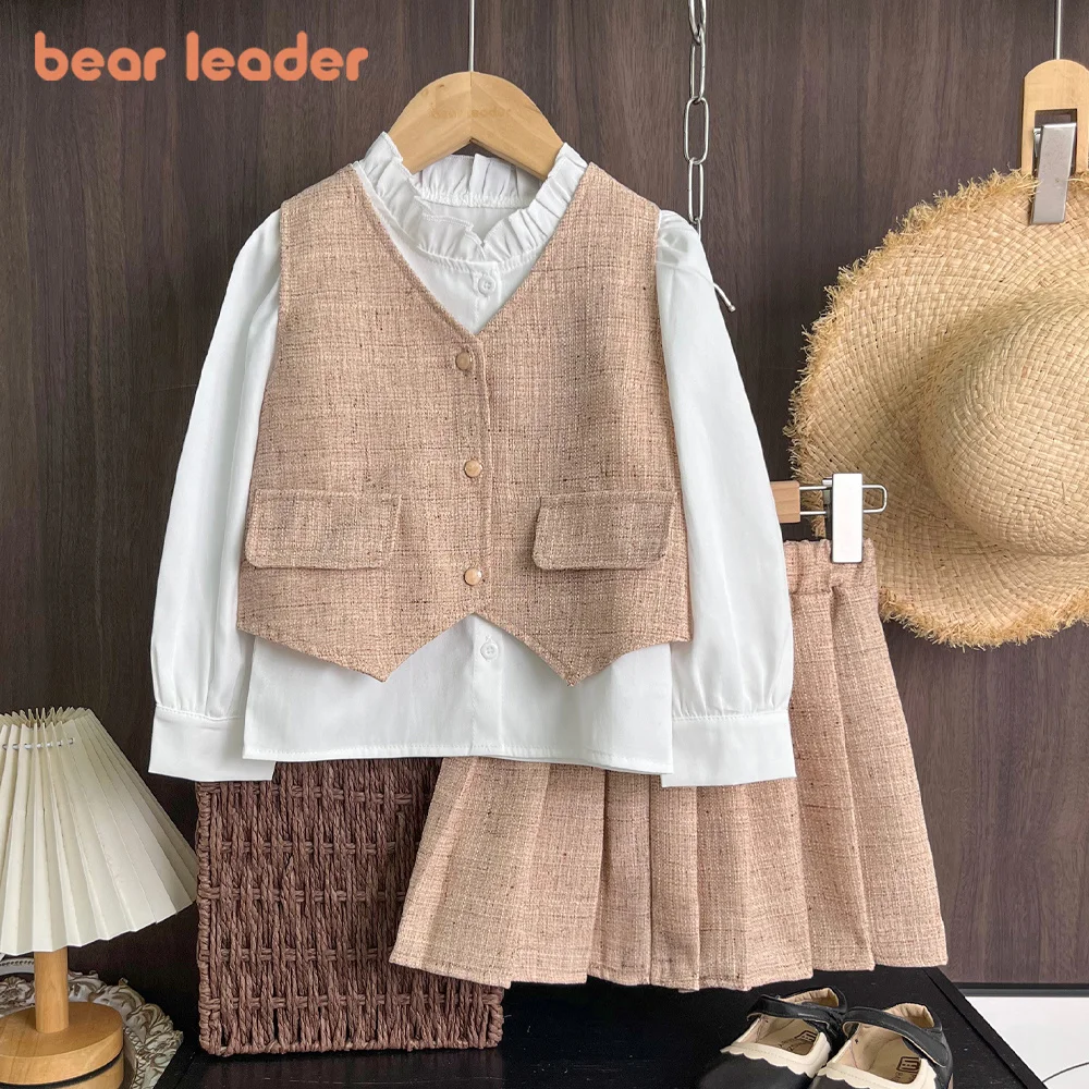 Bear Leader Girls Three‑Piece Outfit Korean Version Khaki Vest Long Sleeve Blouse Pleated Skirt Toddler Girls Autumn Wear 3‑7Y