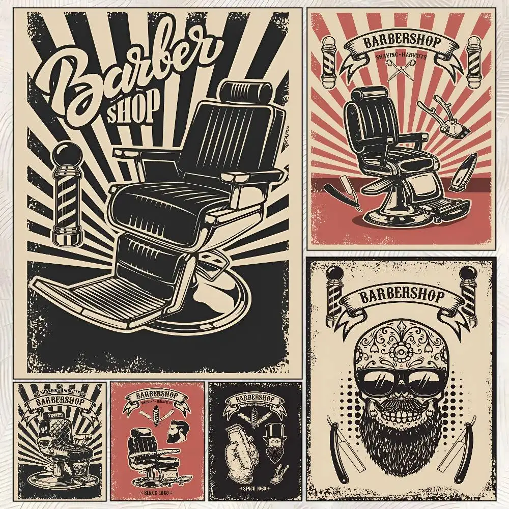 Vintage Barber Shop Poster Self-adhesive Art Room Entrance Restaurant Wall Decor Art Painting