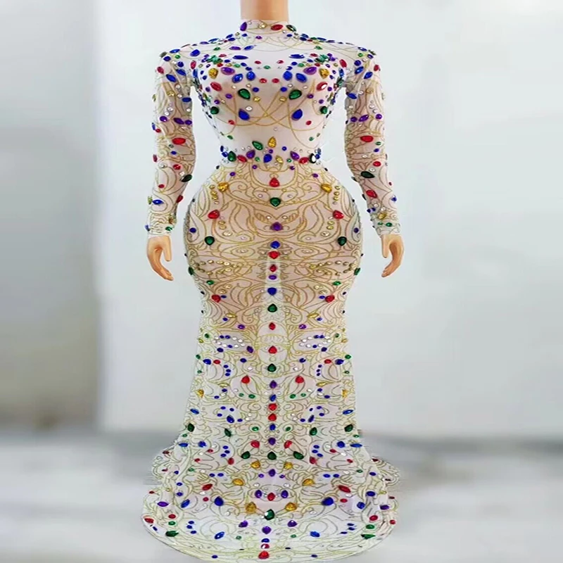 Multi-color Rhinestones Transparent Long Dress Birthday Celebrate Outfit Evening Women Dance Show Costume Dress jinca