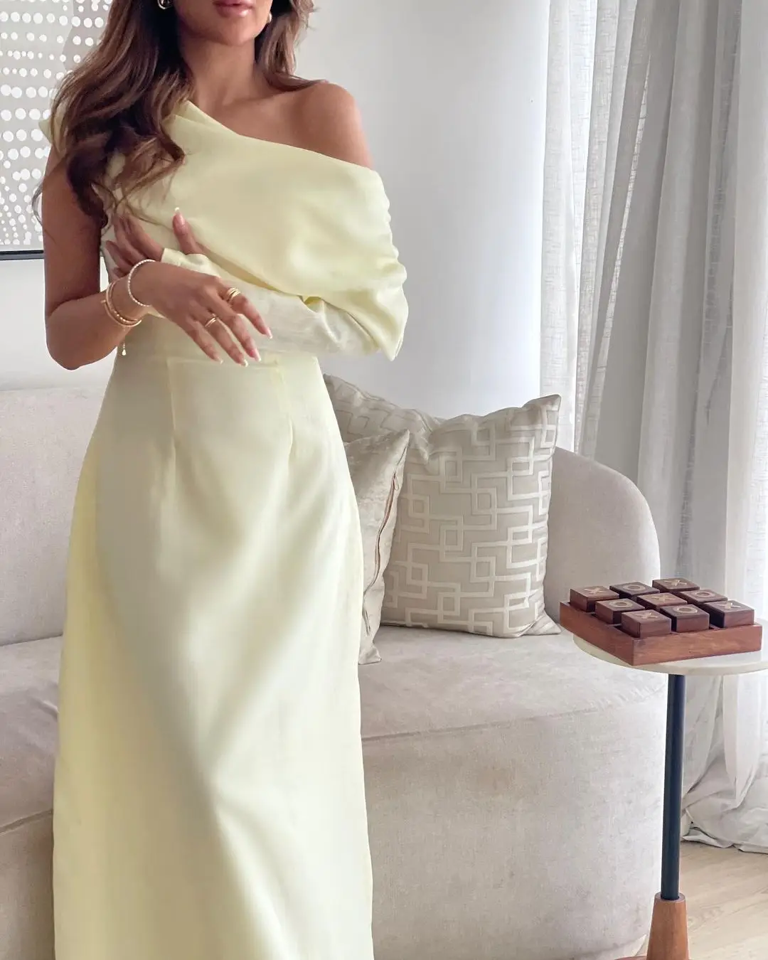 

FLORINE TULIRAIN Off-the-shoulder Full Sleeve Yellow Sheath Zipper Up Wedding Evening Dress Cocktail Prom Gown For Sexy Women