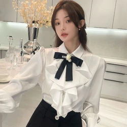 White Shirts Woman Lace Ruffles Blouses Sweet Female Peter Pan Coller Crop Long Sleeve Tops Preppy Ladies Temperament Tops Q190