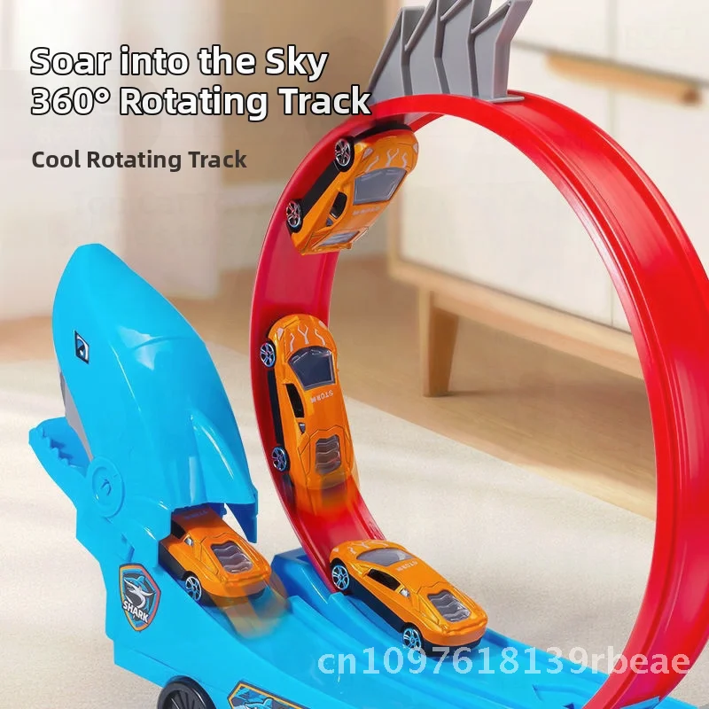 مجموعة ألعاب سيارة المنجنيق للأطفال على شكل ديناصور وسمك القرش - تجميع مجاني لسيارات السباق للأولاد - ألعاب مسار منزلقة بلاستيكية #1