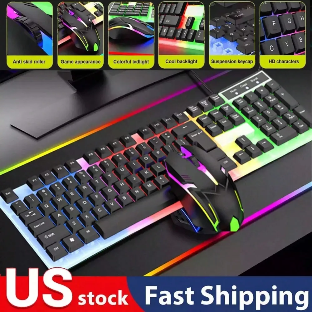 

Mechanical Gaming Keyboard and Mouse Set , Gaming Keyboard and Mouse LED Light， USB Wired Desktop Combo Rainbow LED Light