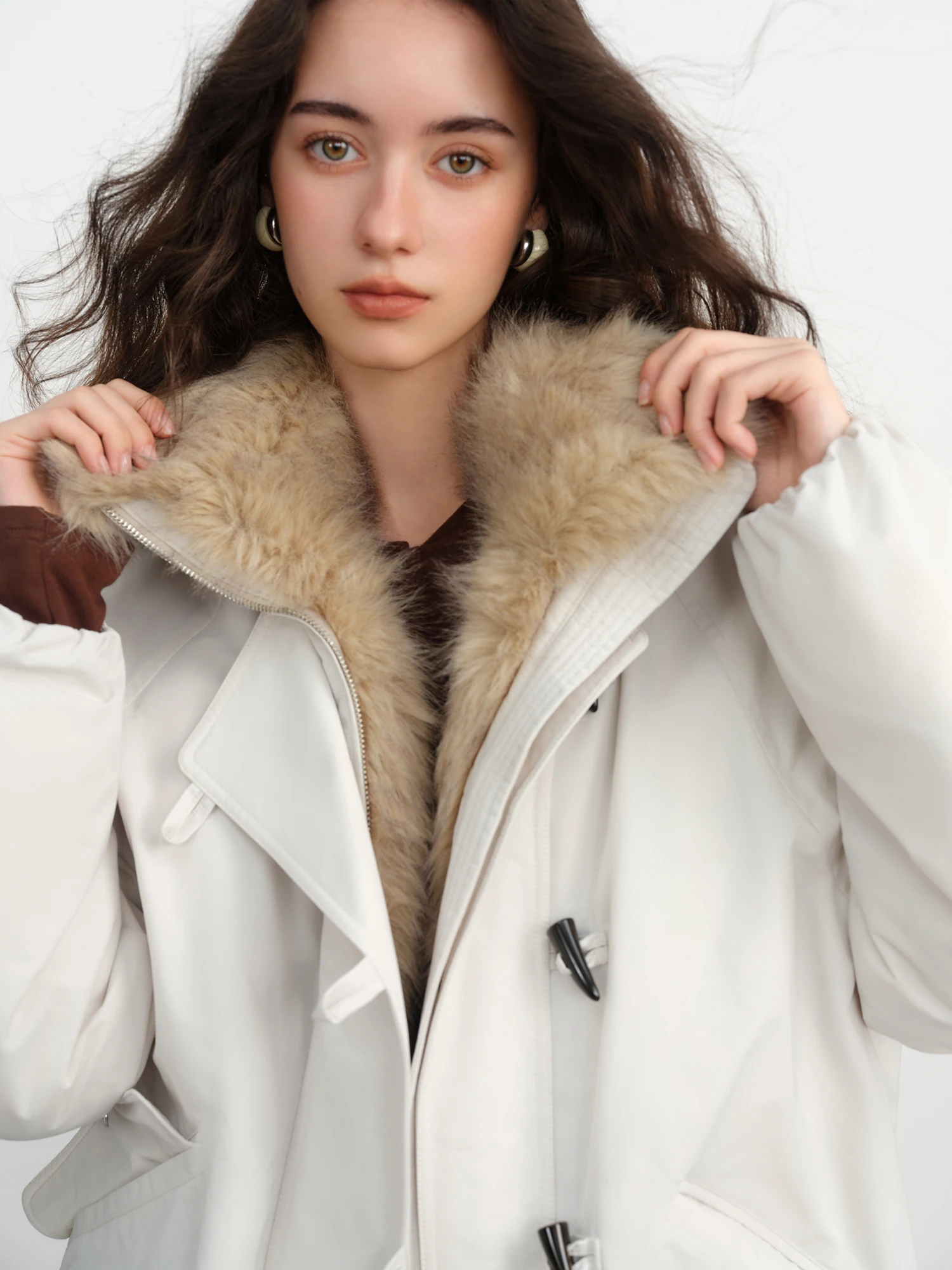 Fsle 2025 inverno feminino jaqueta curta estilo celeiro-casaco parka utilitário de grandes dimensões gola de pele de pelúcia multi-bolsos para conforto casual