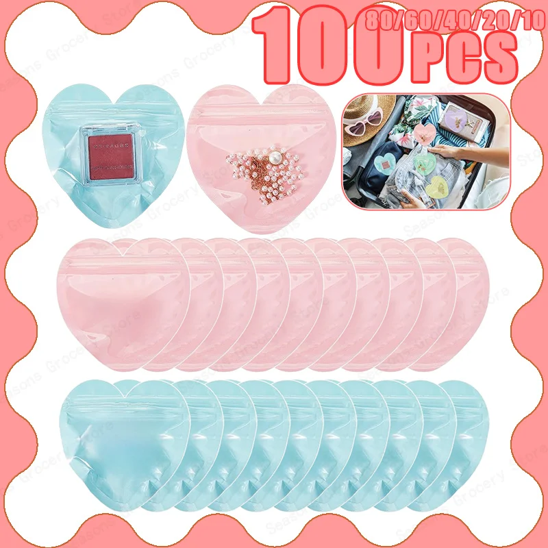10–100 Stück herzförmige, wiederverschließbare Schmuckbeutel, selbstdichtende Reißverschlussbeutel, 10 x 10 cm, rosa, blau, Partyzubehör