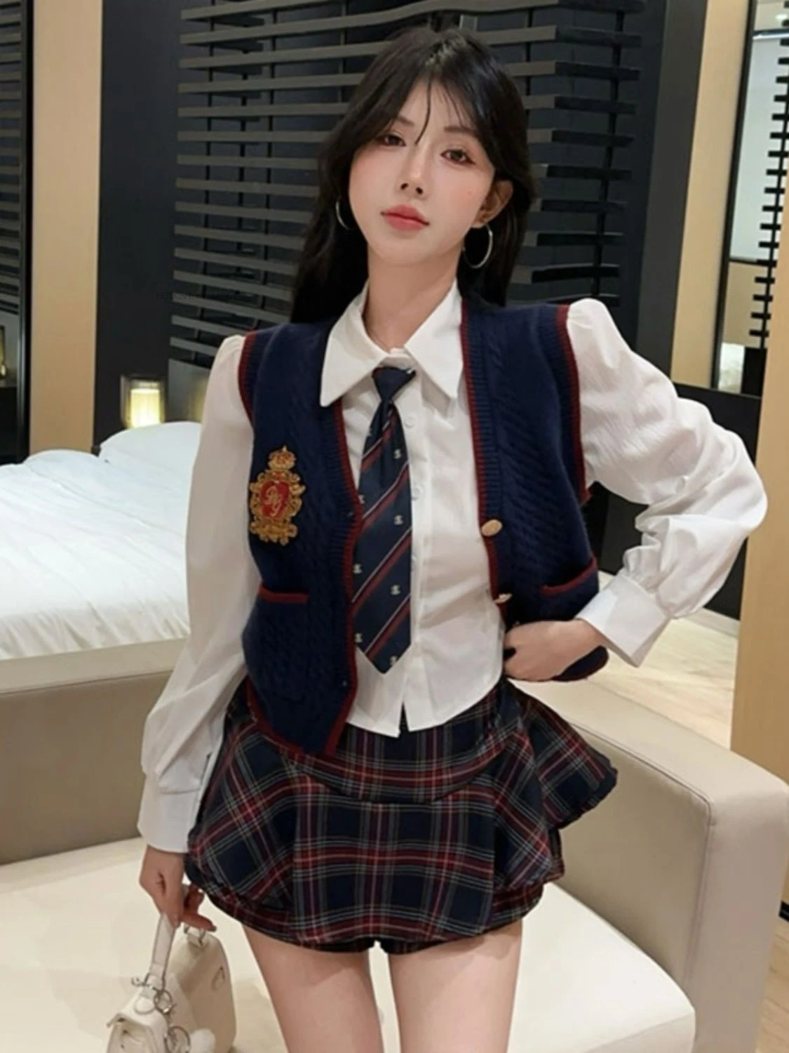 Academic Style Jk Uniform Versatile Korean White Shirt Vest Plaid Half Skirt Set Women Sexy Improved Fashion Daily Jk Uniform