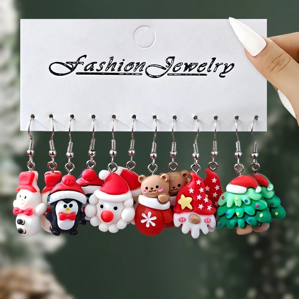 6 Paar/Set Weihnachts-Ohrringe aus Kunstharz mit Schleifen, Lebkuchenmann, Weihnachtsbaum, Schneemann, Pinguin, Weihnachtsmann für Damen, Weihnachtsschmuck – Detail 21