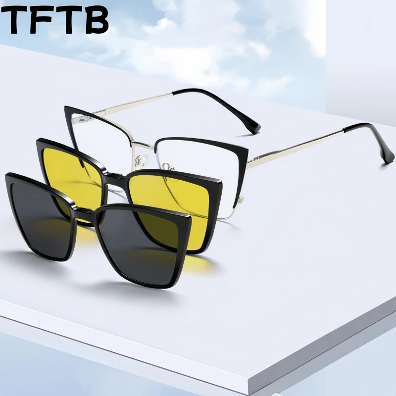 

TFTB Fashion Trend Women Cat Eye Polarized Magnetic Clip Glasses Retro Simple Alloy UV Protection Driving Eyeglasses Frame 6311