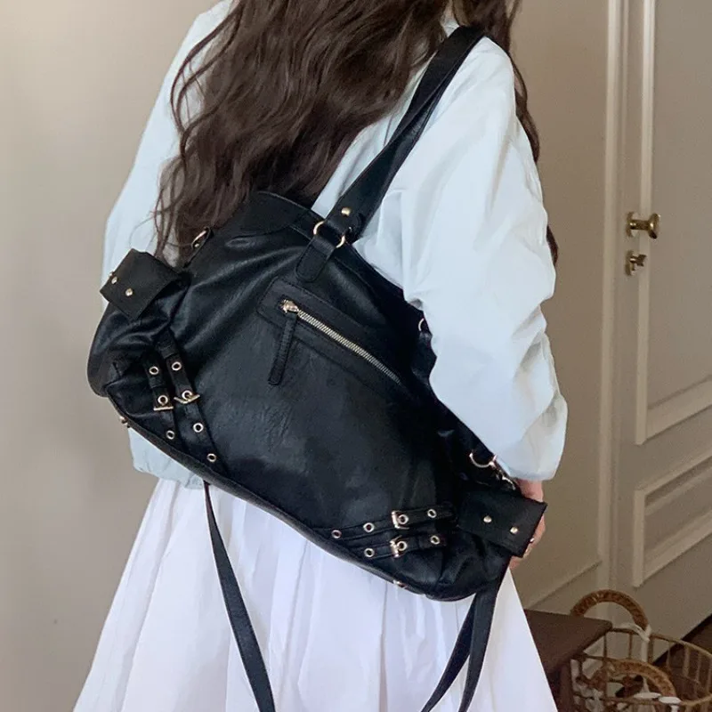 

Large Capacity Tote Bag Retro Unisex Style Motorcycle Bag Casual Versatile Black Women Shoulder Crossbody Bag Torebki Damskie