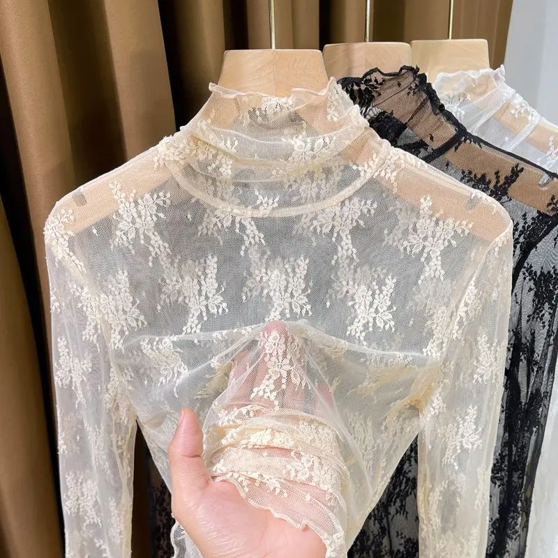 

White High Collar Lace Blouse for Women New Autumn and Winter Fashion Elegant Pleated Edge Mesh Base Shirt