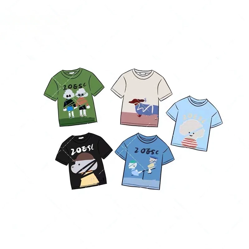 2024 Summer Children's New Cartoon Curly Dog Print Pure Cotton Round Neck Short Sleeve Casual T-shirt