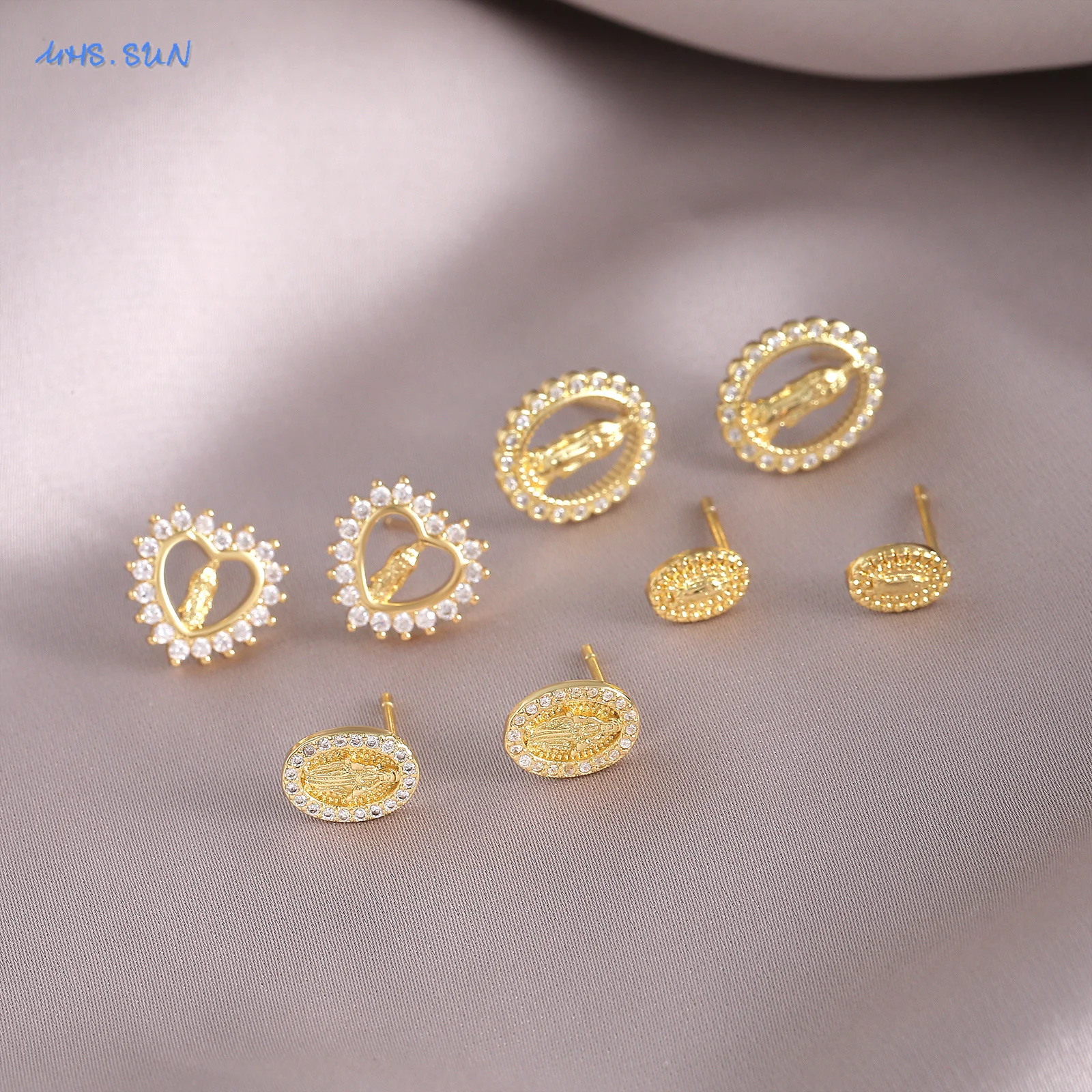 MHS.SUN Zircon Virgin Mary Portrait Stud Earrings for Women Exquisite Gold Plated Santa Maria Earring Religion Jewelry Gift