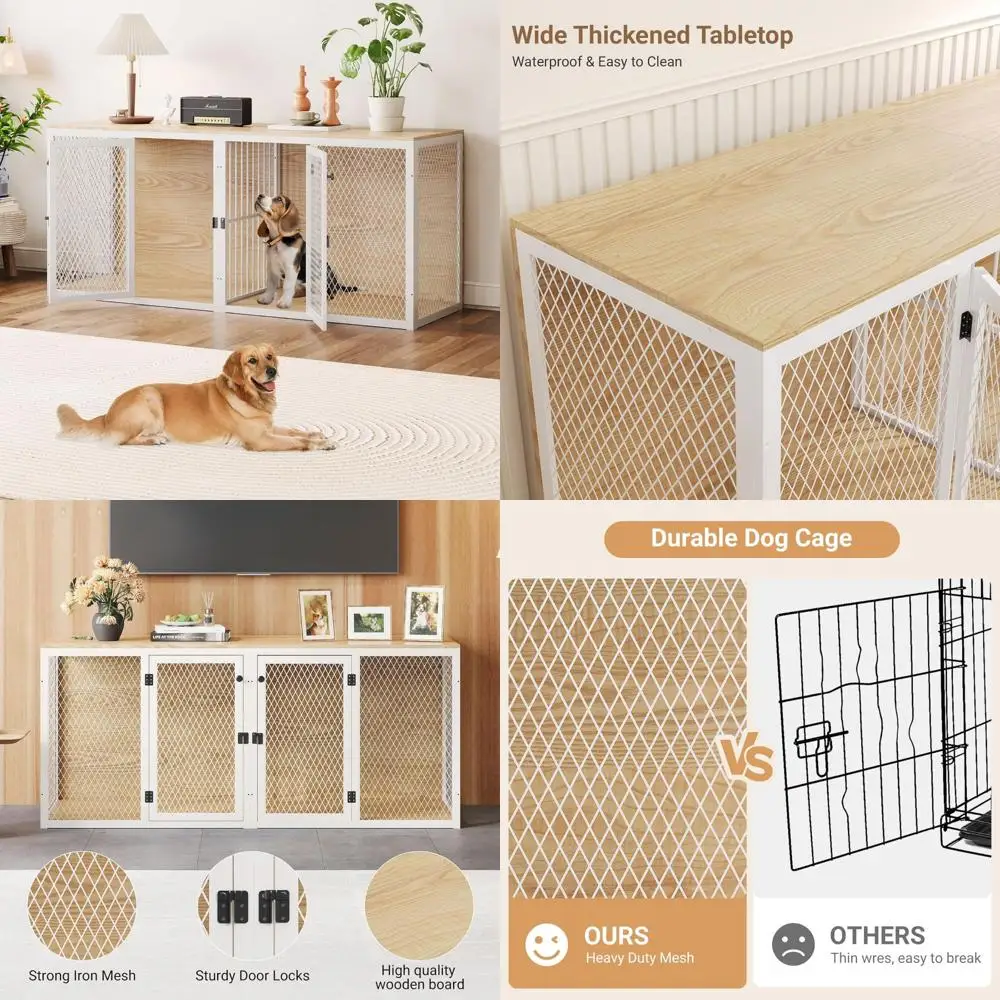 

Двойной ящик для собак XXL со съемным перегородкой, большими дверцами, прочный деревянный питомник, идеально подходит для двух собак, очень большая мебель в клетке