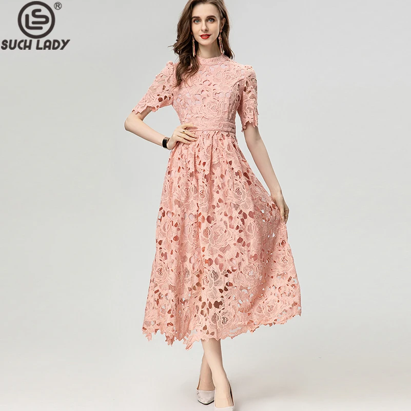 

Women's Runway Dresses O Neck Short Sleeves Embroidery Hollow Out Elegant Fashion Party Gown Vestidos