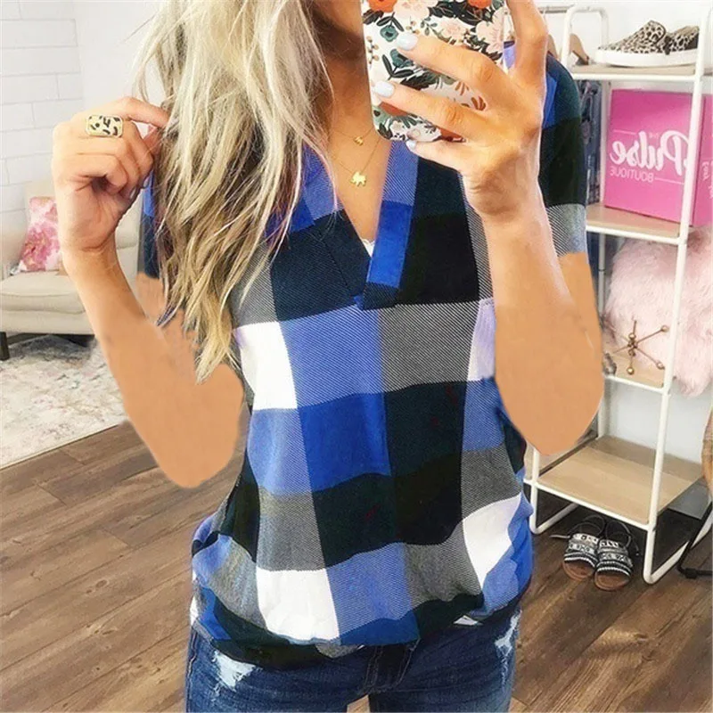 Mulheres vintage camisa de manga curta com decote em v camisas xadrez verão feminino blusa casual topos streetwear estilo coreano liquidação