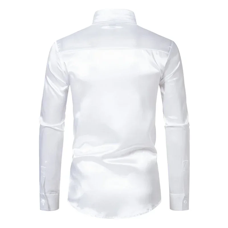 Mens White Satin Tuxedo Dress Shirts 2023 Brand New Silk Smooth Casual Shirt Men Wedding Groom Party Shirt Male Chemise Homme