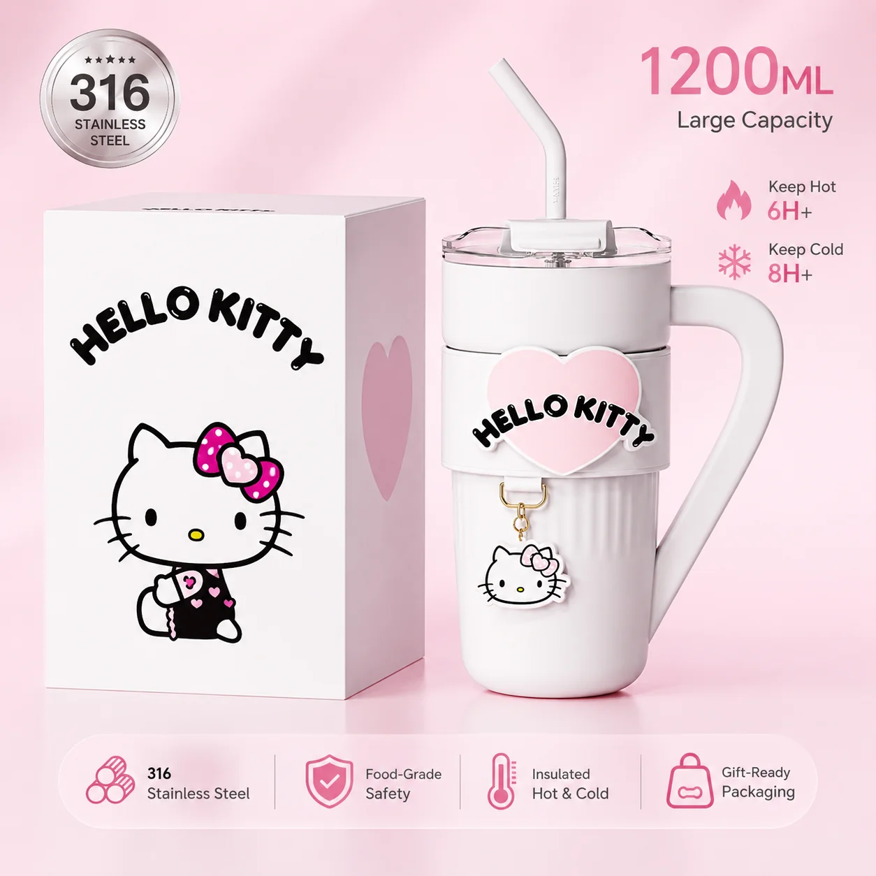 

Sanrio HelloKitty 1200ml 316 Stainless Steel Handled Dual Drink Straw Tumbler Insulated Tumbler Heat&Cold Retention Travel Cup