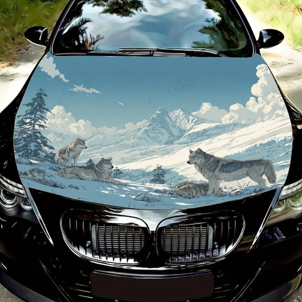 

Snow Mountain Wolf Pack Car Hood Sticker-Durable Vinyl Wrap For Most Vehicles, PVC Protective Film, Car Exterior Accessories, Id