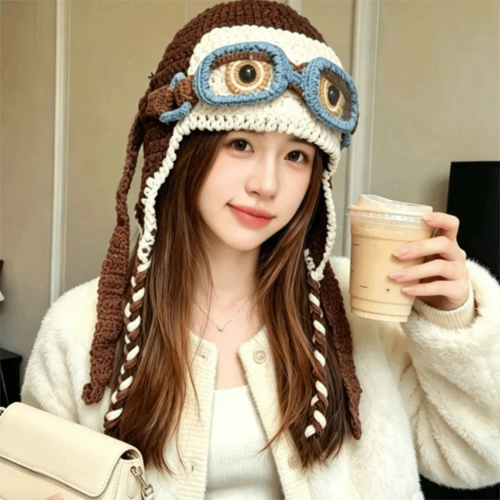 Windproof Winter Pilot Hat With Goggles Crocheted Beanie Knitted Beanie Ear Protection Plush Lei Feng Hat Cycling