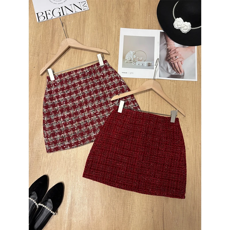 MEXZT Vintage Tweed Mini jupe femmes élégant rouge Plaid hanche portefeuille jupes hiver coréen taille haute mince conception une ligne Faldas nouveau