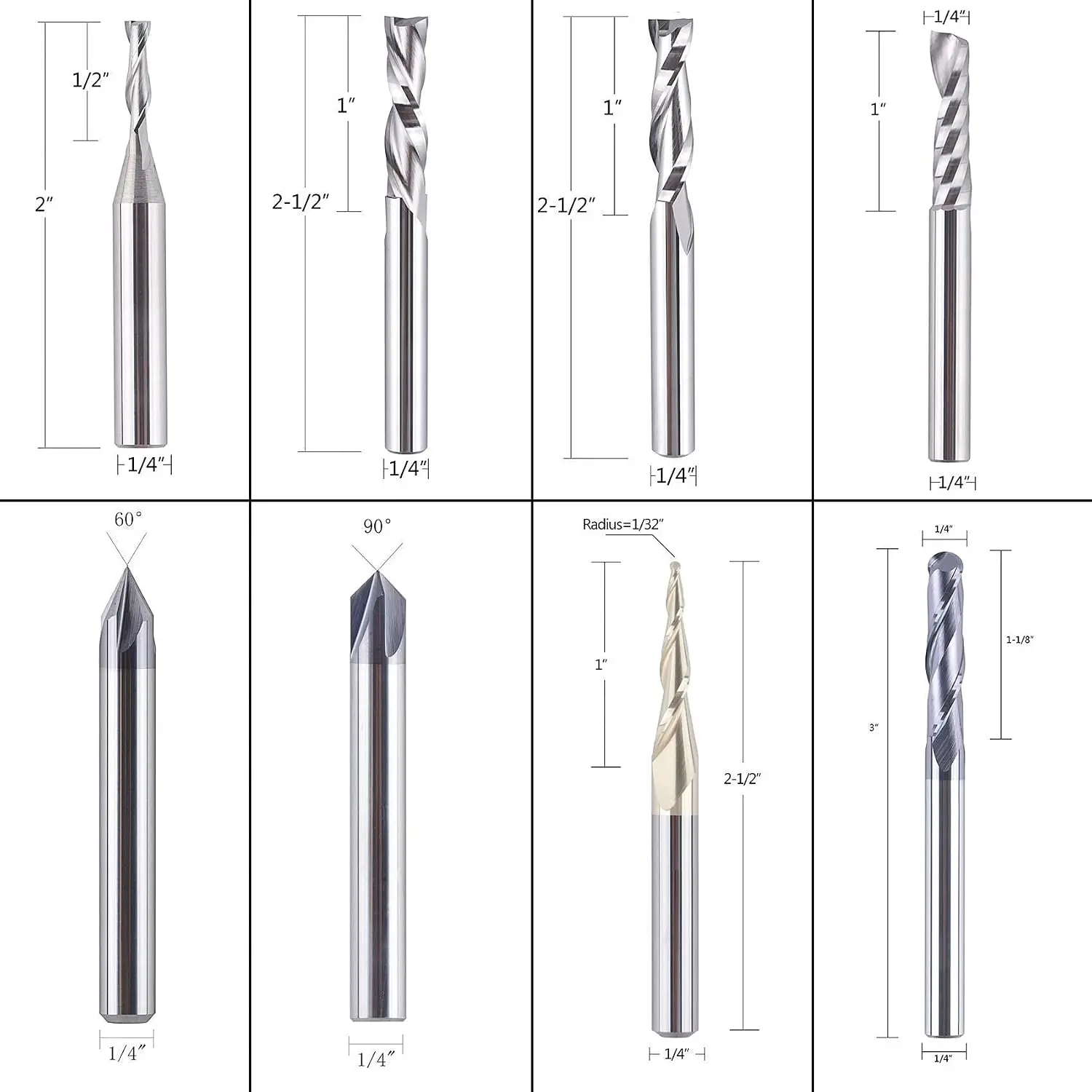 8Pcs Carbide CNC Router Bits Set 1/4 Inch Shank for Woodworking Detail Carving Trimming V Groove Engraving Slotting Mortise