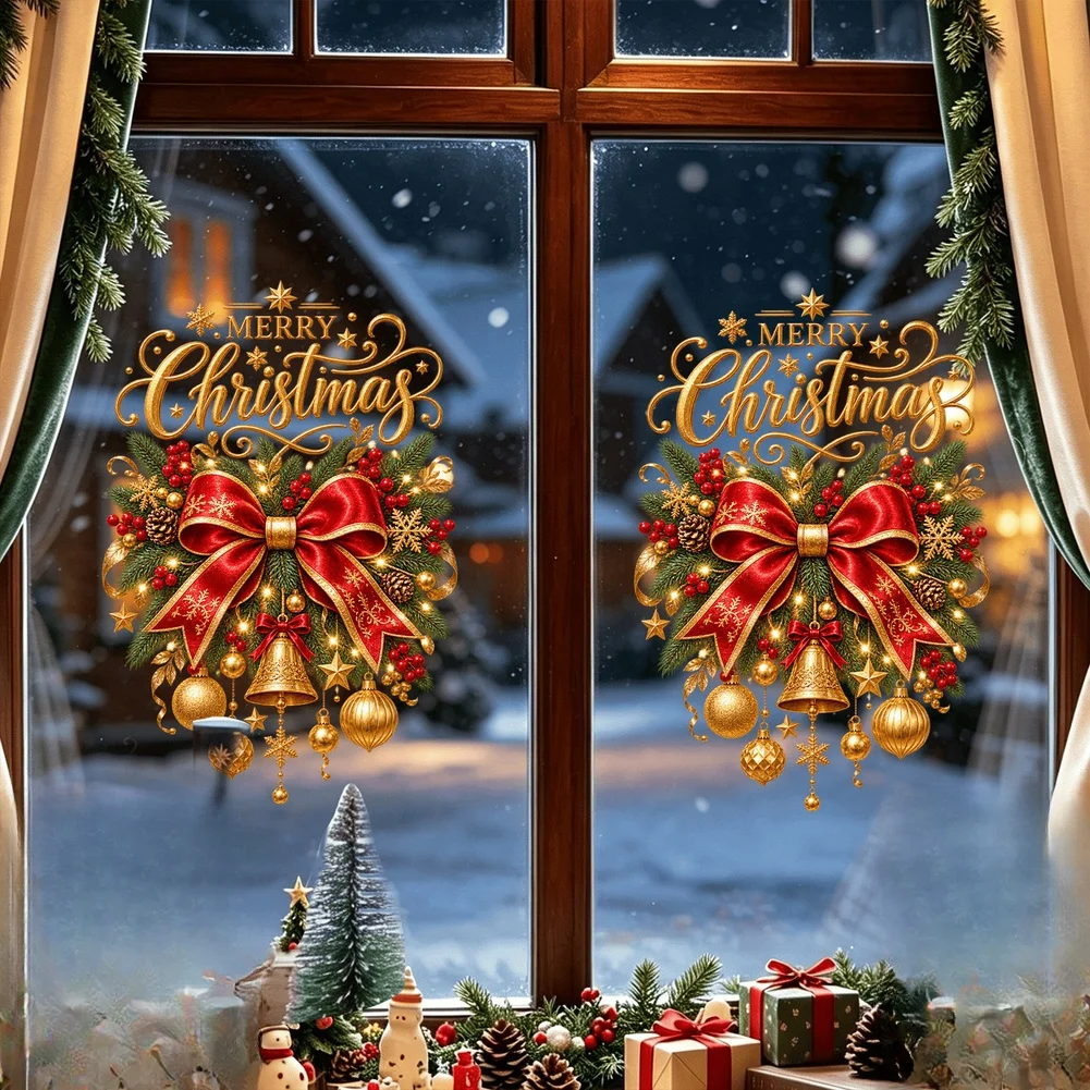For Static Cling Red Gold Christmas Wreath Window Sticker, Festive Holiday Decor, Reusable Decal For Window And Front Door Glass