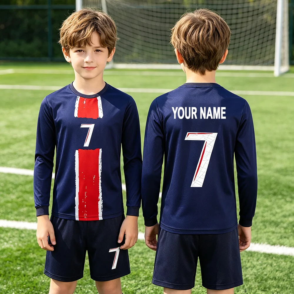Set Football Jersey Kids Red Blue  Soccer Long Sleeves Jersey + Long Pants Custom Name Number Breathable Quick-dry 3-13Years