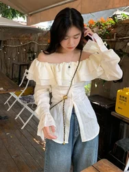 Korean Blouse for Women Sexy Slash Neck Slim Chiffon Shirts 2024 Blusas De Mujer Ruffles Fashion Sweet Blouses Tops Femme