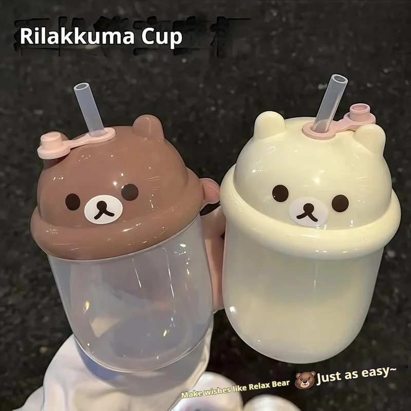 

kawaii Rilakkuma plastic straw cup cute mini water cup student DIY sticker large capacity plastic milk cup tons ton cup gift