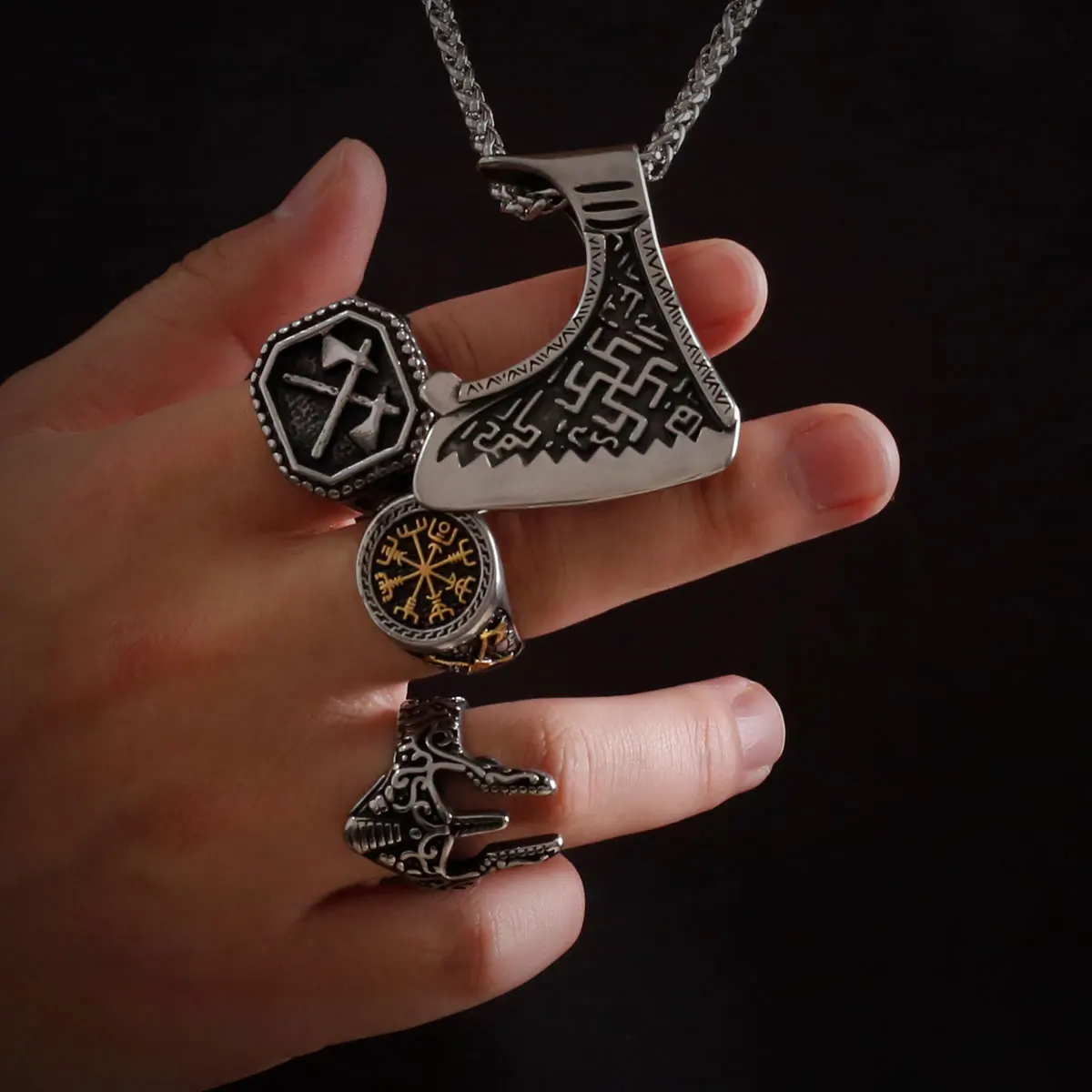 Norse Runes Vikings Axes Necklaces Cord Vegvisir Ax Pendant for Men Stainless Steel Pagan Talisman Jewelry Product