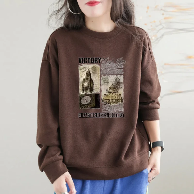 Office Lady All-match Letter Lantern Long Sleeve Round Neck Pullover Women's Clothing Casual Loose Hoodies Spring Autumn Tops