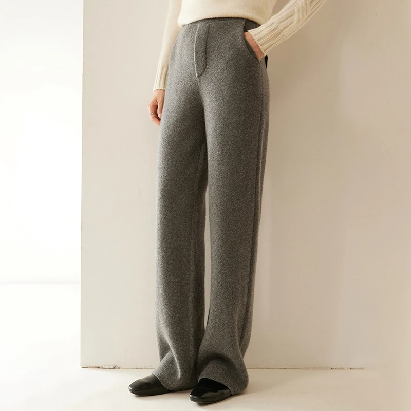 Autumn Winter Women's 100% Cashmere Wide Leg Pants  Office Lady Dress Pants Simple Style Knittd Trousers Elasticated Waist Pants