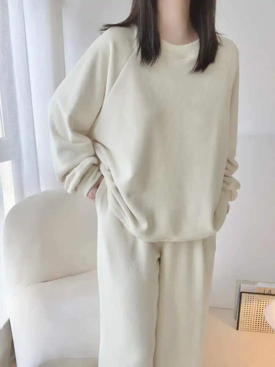 Conjunto de ropa de ocio para mujer, sudadera de manga larga con cuello redondo, Tops y pantalones cálidos, 2 piezas, Color albaricoque, Otoño e Invierno