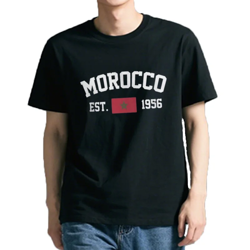 Drapeau du Marocain à repasser 100 % coton avec Est. Année marine T-Shirts hommes décontracté femmes vêtements patriotiq