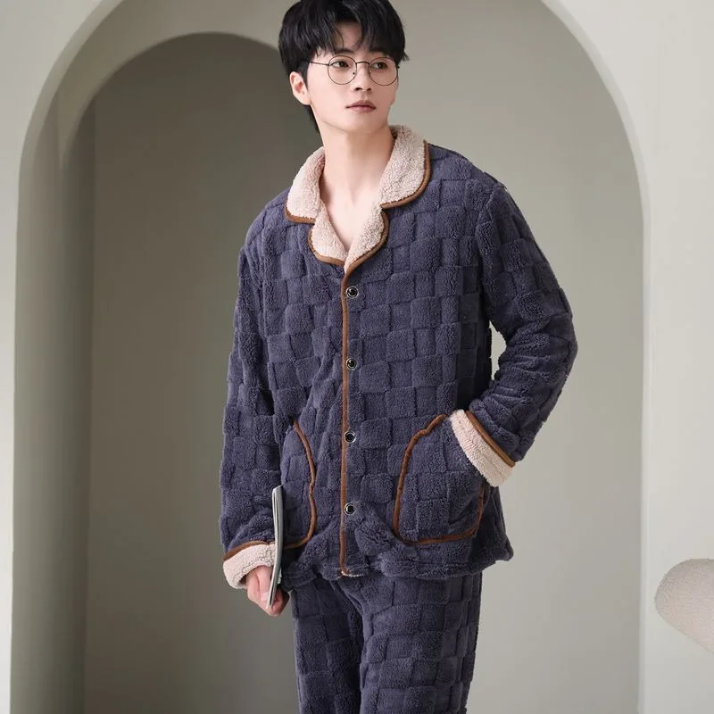 

Autumn and Winter Men's Pajamas Thermal Pajamas Male Long-sleeved Suit Flannel Loungewear Cardigan Large Size Comfort Handsome