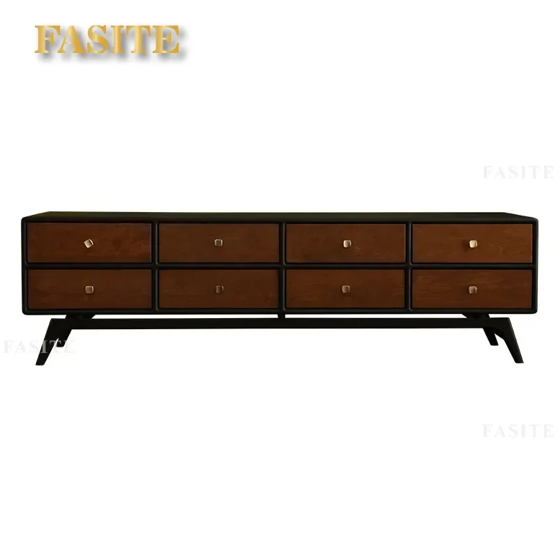 American Retro Style Matte Black Solid Wood TV Cabinet Cherry Wood Bucket Cabinet Double Color Display Cabinet Simple Locker