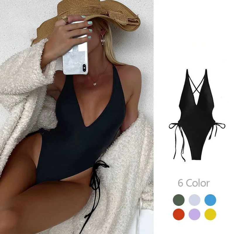 

Летний слитный купальник 2026 для женщин: сексуальный, с открытой спиной, пляжный бикини, глубокий V-образный вырез, на шнуровке, пуш-ап, монокини