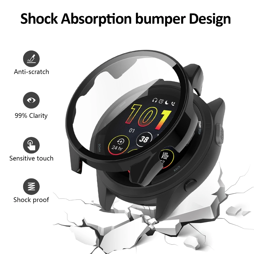For Garmin Forerunner 165 /165 Music Tempered Glass+PC Case Hard  Screen Protector Easy Installation All-around Bumper Cover
