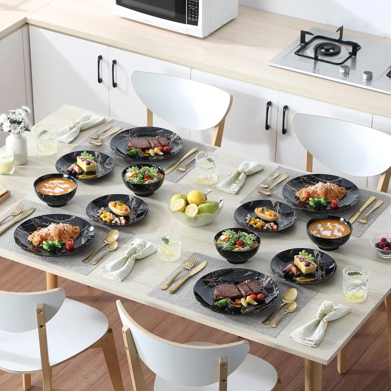 طقم أطباق وأوعية مكون من 4 قطع، طقم أواني طعام بورسلين 12 قطعة، طقم أطباق باللونين الأسود والذهبي، أطقم أطباق ذهبية، غسالة أطباق #5