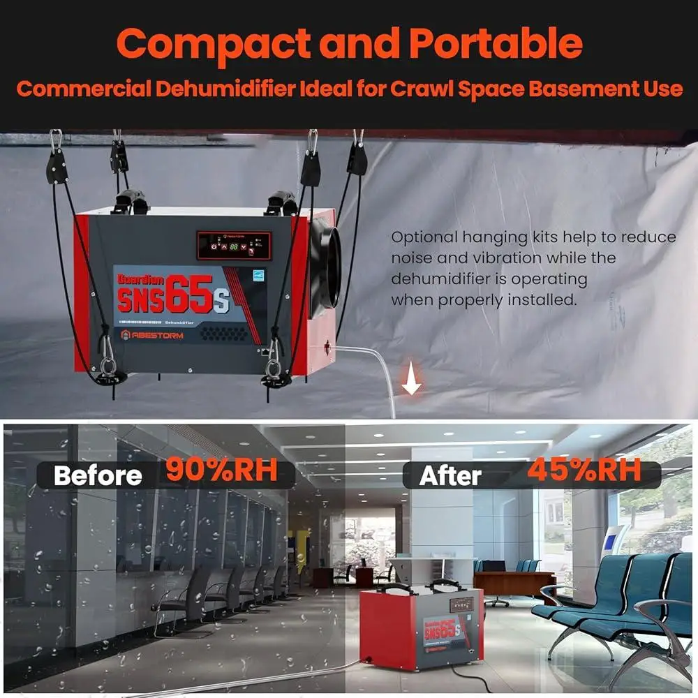 Wi-Fi Controlled Crawl Space Dehumidifier with Automatic Defrost Drainage Solution Commercial and Residential Use
