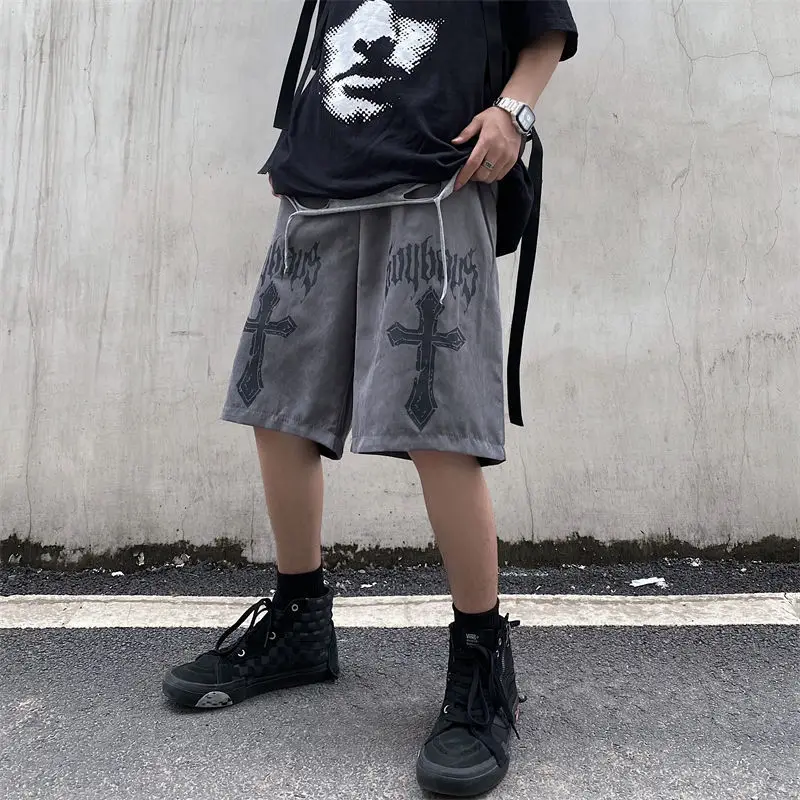 National tide dark cross print casual shorts men\'s loose hiphop American street hip-hop style five-point pants y2k shorts men