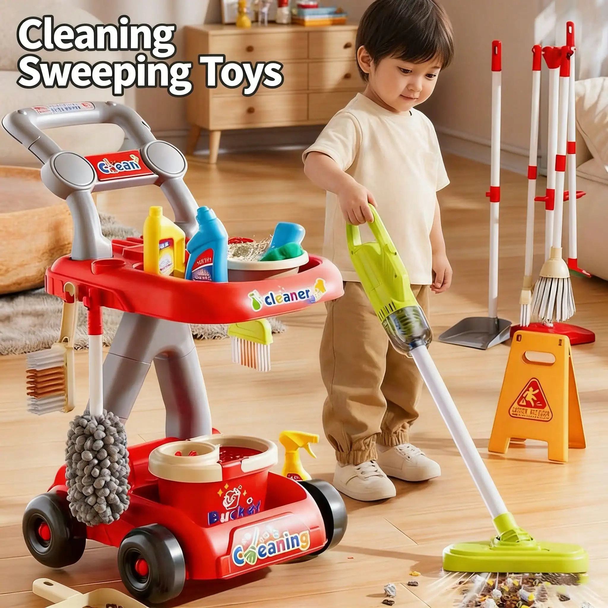Kids Cleaning Toy Set Housekeeping Electric Vacuum Cleaner Tool Girls Boy Pretend House Play Toys Broom and Mop Set for Kids