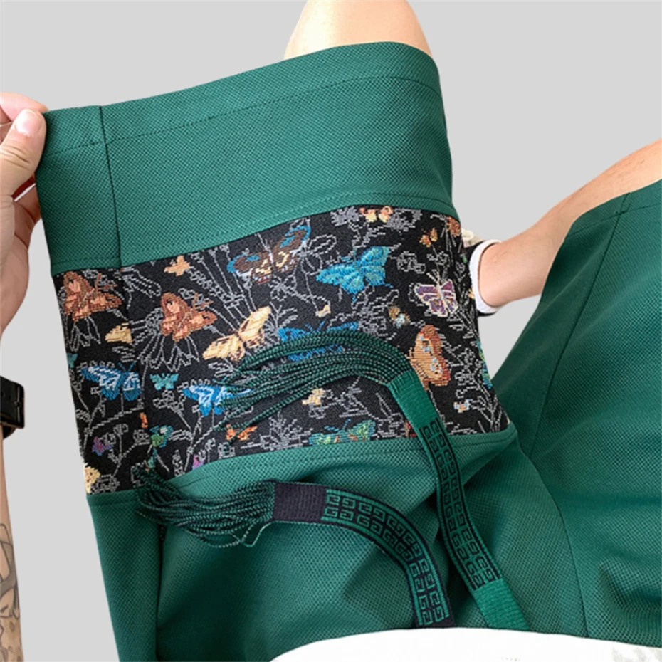 Plus Size Patchwork Shorts Men Loose Casual Pants Chinese Style Butterfly Embroidery Shorts Ribbon Design Bottom Summer 5XL