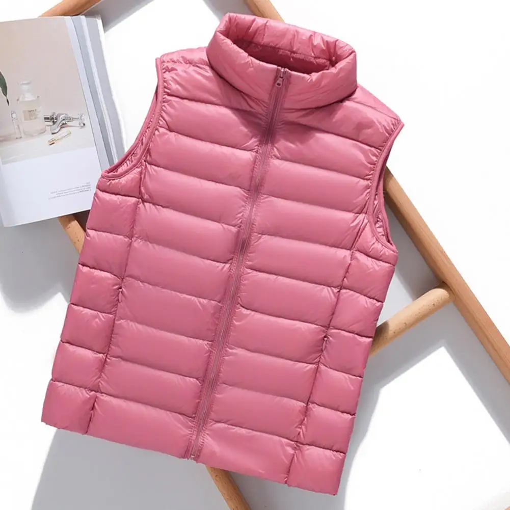 Colete estilo cotidiano feminino, colete acolchoado com fecho de zíper, gola, design à prova de vento, sem mangas para o calor, inverno