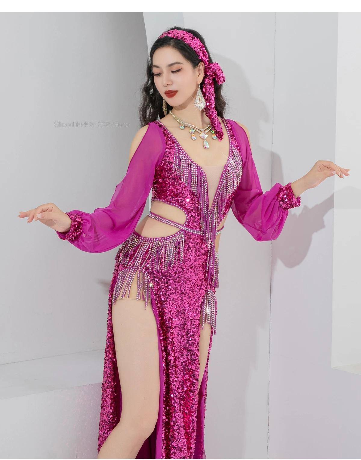 Brilliant Sequins ชุด Egyptian Belly Dance เครื่องแต่งกายการแข่งขันกลุ่มชุดแขนยาวชุดแถบคาดศีรษะ