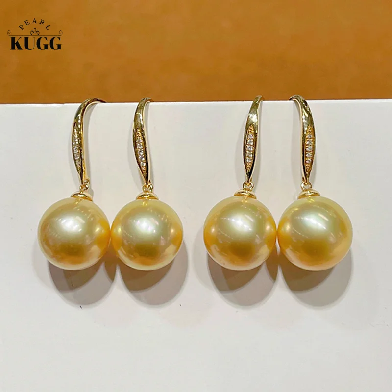 

KUGG PEARL 18k Yellow Gold Earrings 10-11mm Natural South Sea Gold Pearl Drop Earrings Luxury Shiny Design Jewelry for Women